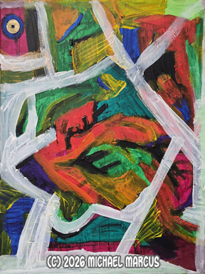 Healing and
                Recovery, 16" x 20", acrylics and gold coin on
                canvas (C) 2026 by Michael Marcus